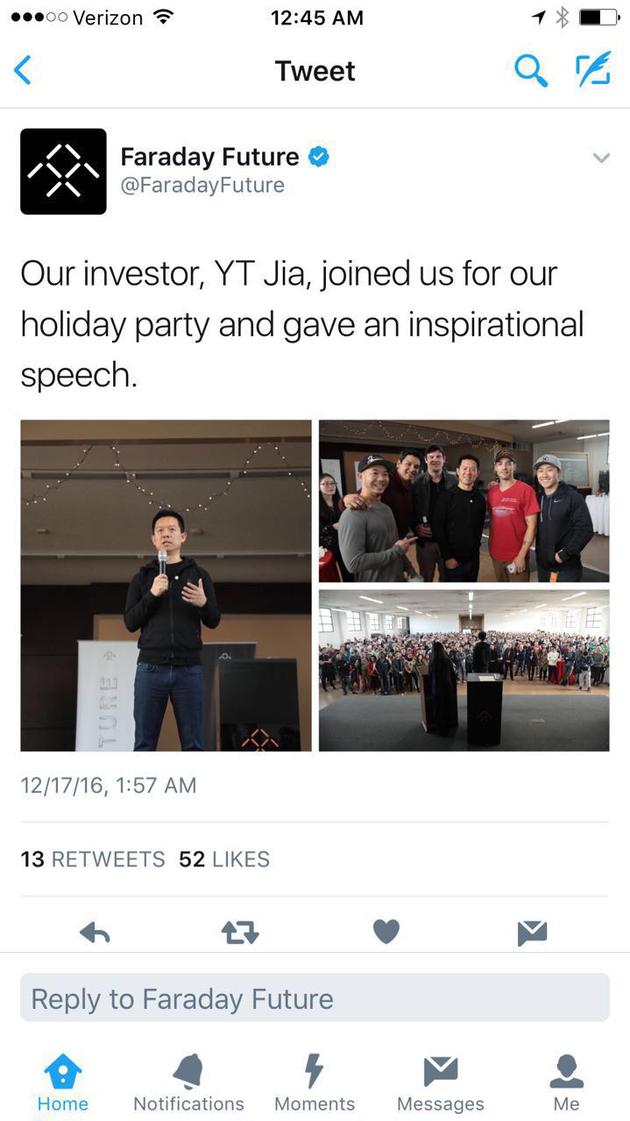 法樂第官方Twitter上周發(fā)布過賈躍亭講話一事